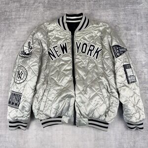 New York Yankees Jacket Mens Medium Blue Silver Reversible Quilted G3 Sports MLB